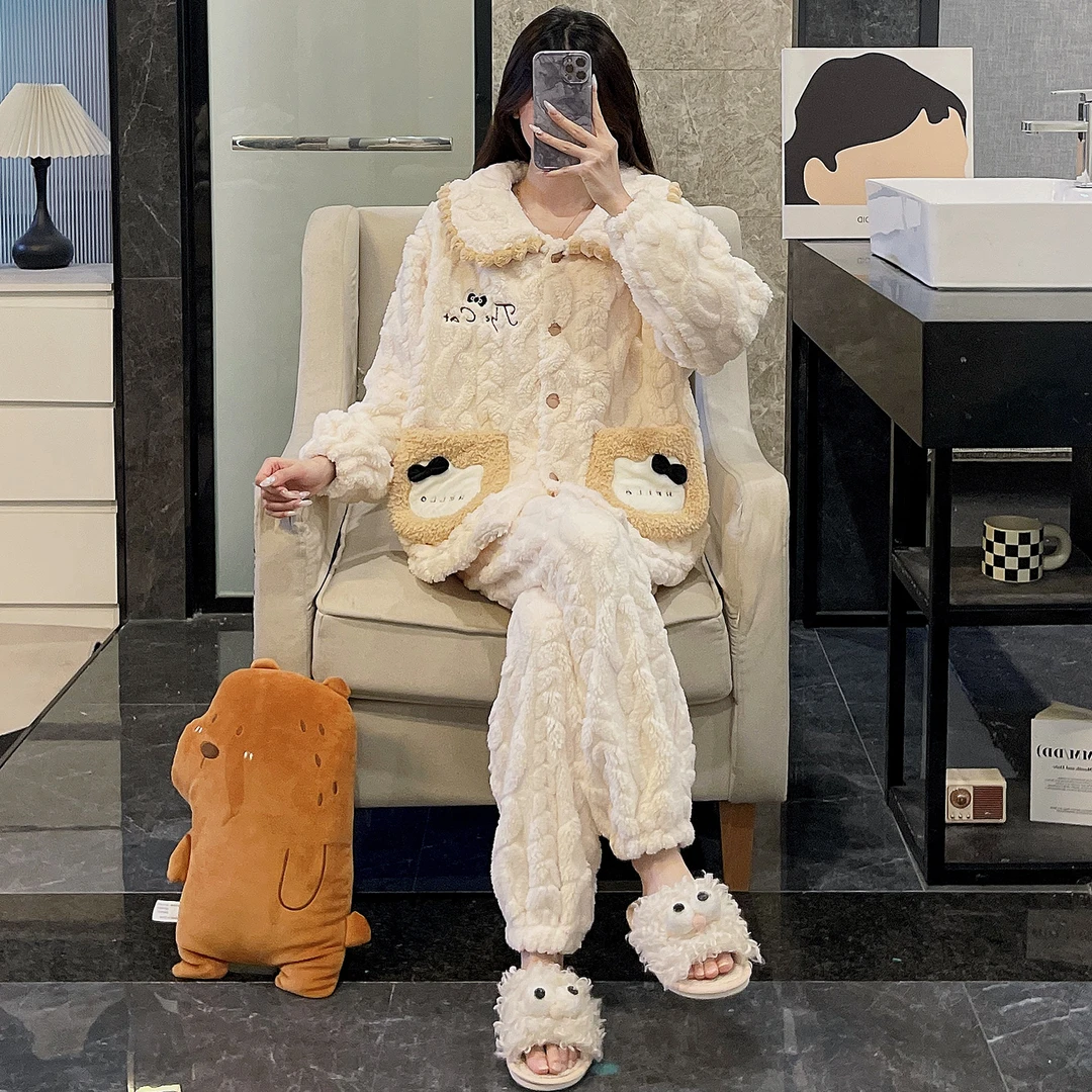 睡衣女秋冬季珊瑚绒大码加厚可外穿长毛绒kt猫新款保暖家居服套装