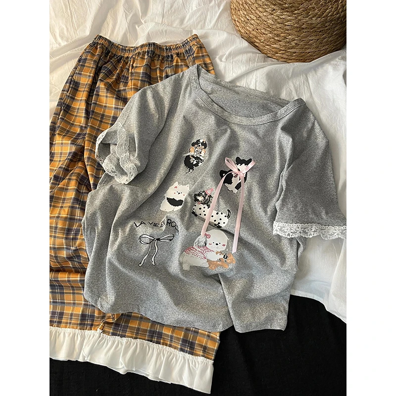 甜美花边卡通小狗睡衣女夏季带胸垫短袖长裤圆领套头可外穿防凸点