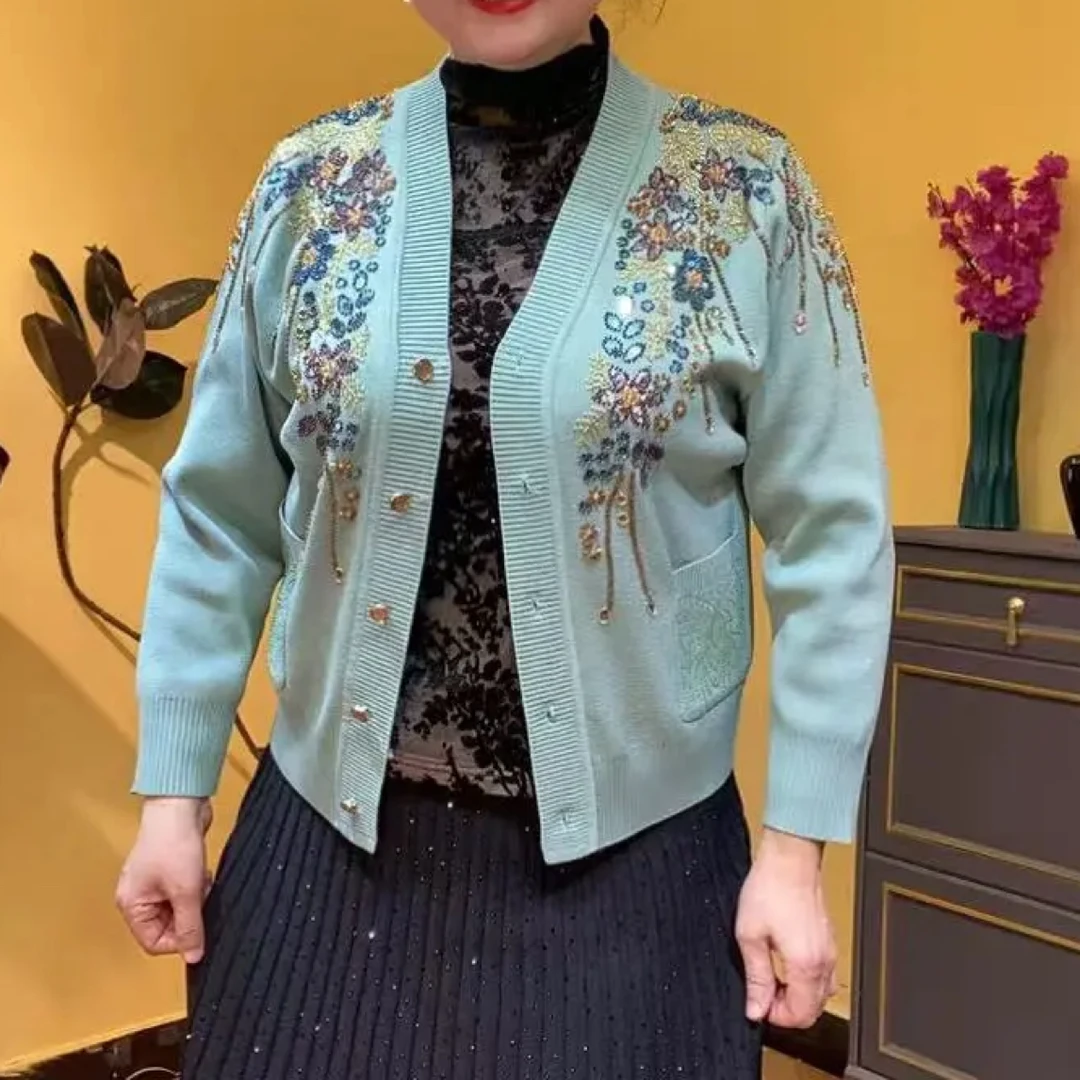 【AYTU】中年妈妈气质时尚重工钉珠冰丝开衫中老年女春秋宽松外