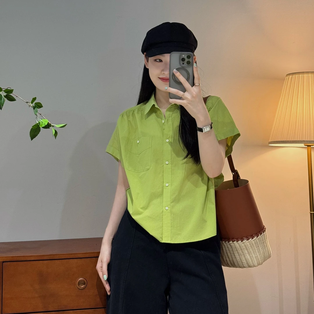 韩系休闲宽松百搭简约慵懒时尚翻领衬衫短袖上衣女-M25206318