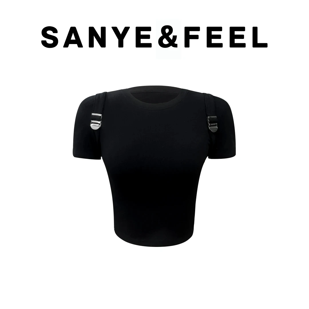 芒果-【韩模感】春季新款肩膀带扣打底上衣52008YX