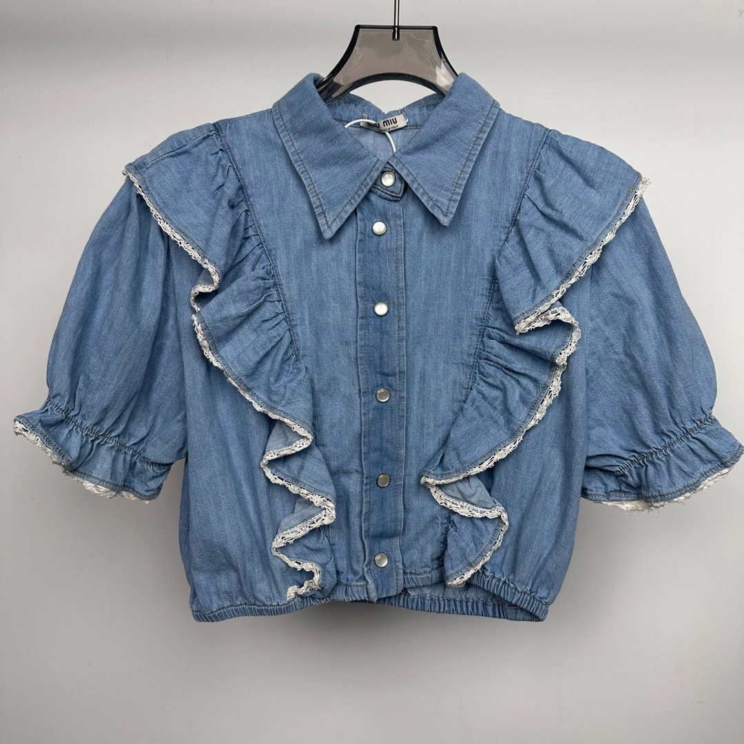 99新 MIU MIU/缪缪 牛仔荷叶花边短款短袖 40码 GM003813