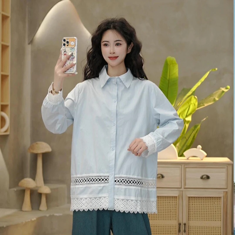 8880 慵懒风宽松叠穿上衣春款下摆拼接镂空花边刺绣白衬衫女