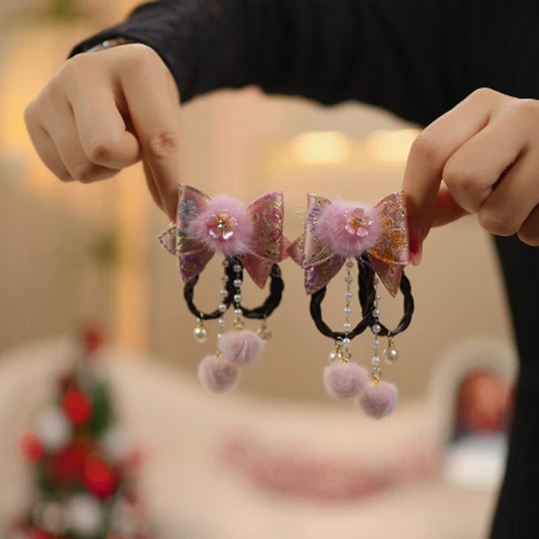 女童可爱毛球蝴蝶结发夹