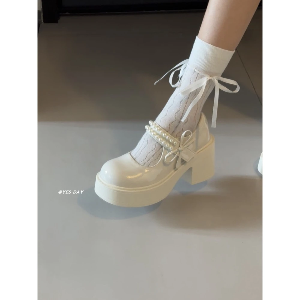 白色法式珍珠蝴蝶结魔术贴小皮鞋女2025夏季新款浅口高跟玛丽珍鞋