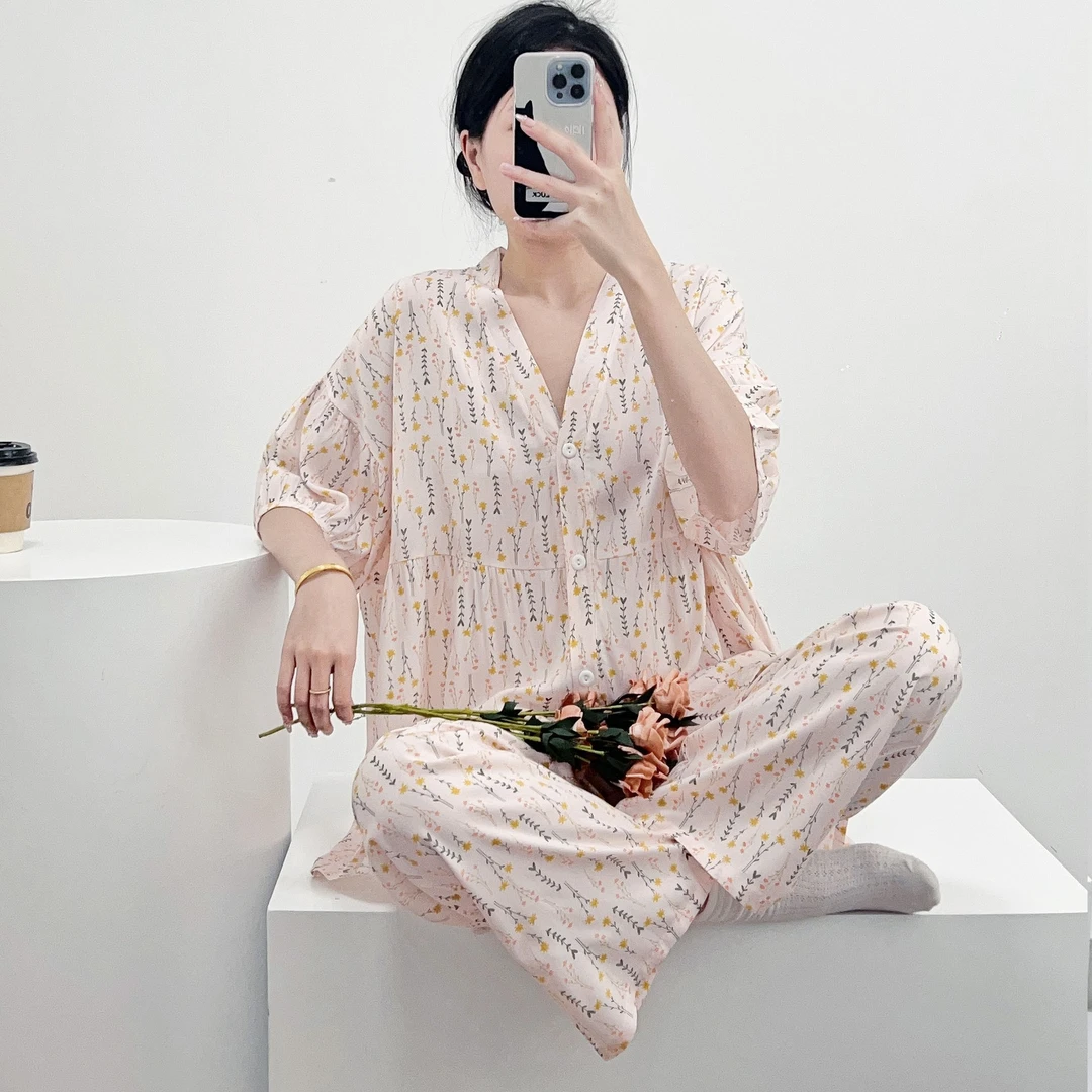 新款小香风开衫棉绸睡衣女春秋季薄款家居服日系少女绵绸套装大码