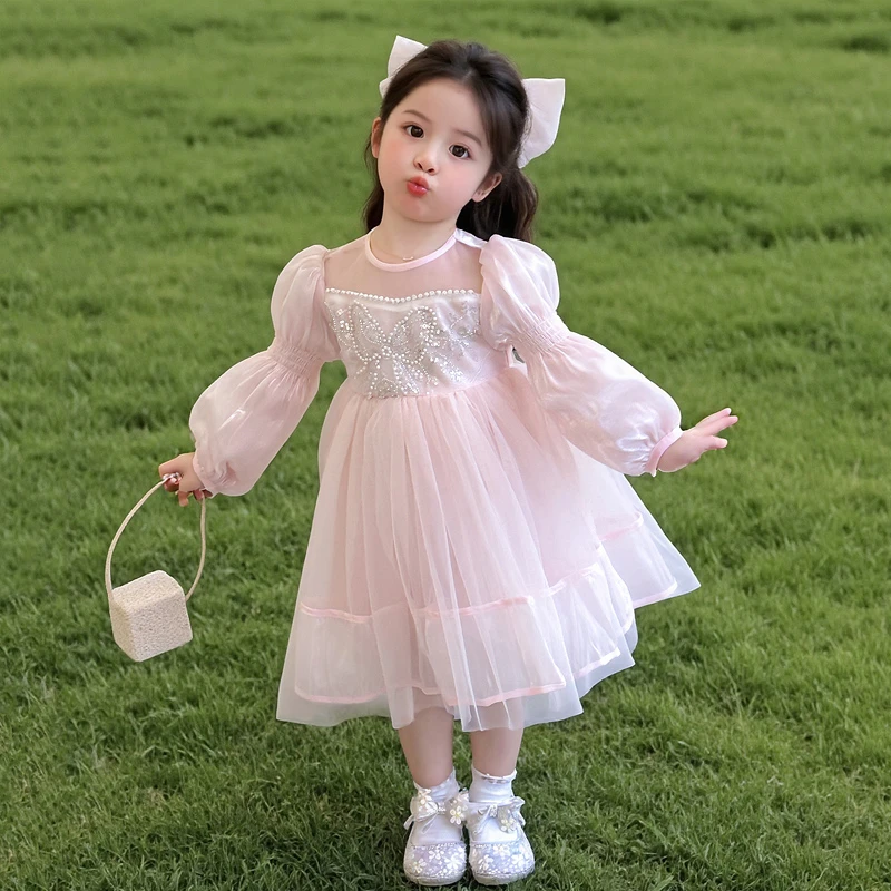 女童甜美灯笼袖公主裙2025新款春秋装洋气礼服女孩网纱生日连衣裙