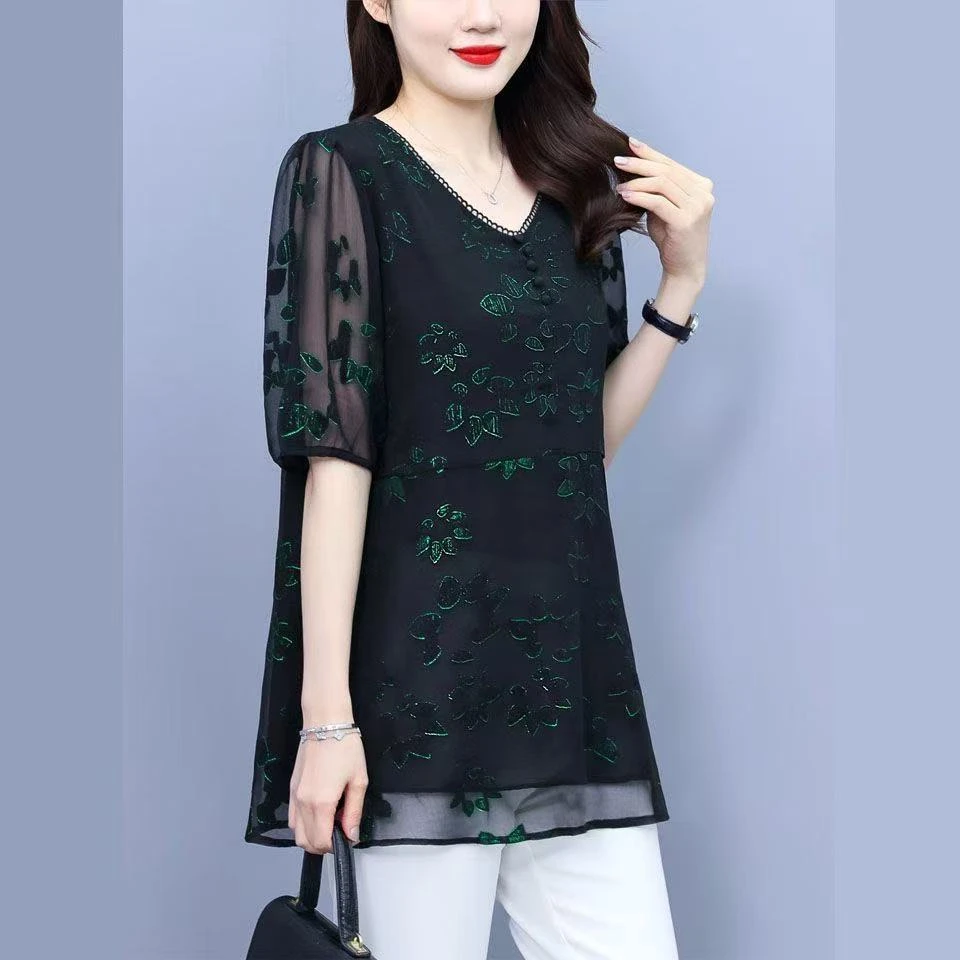 上衣显瘦妈妈装雪纺衫大码女装夏季通勤中年女装纱纱上衣短袖