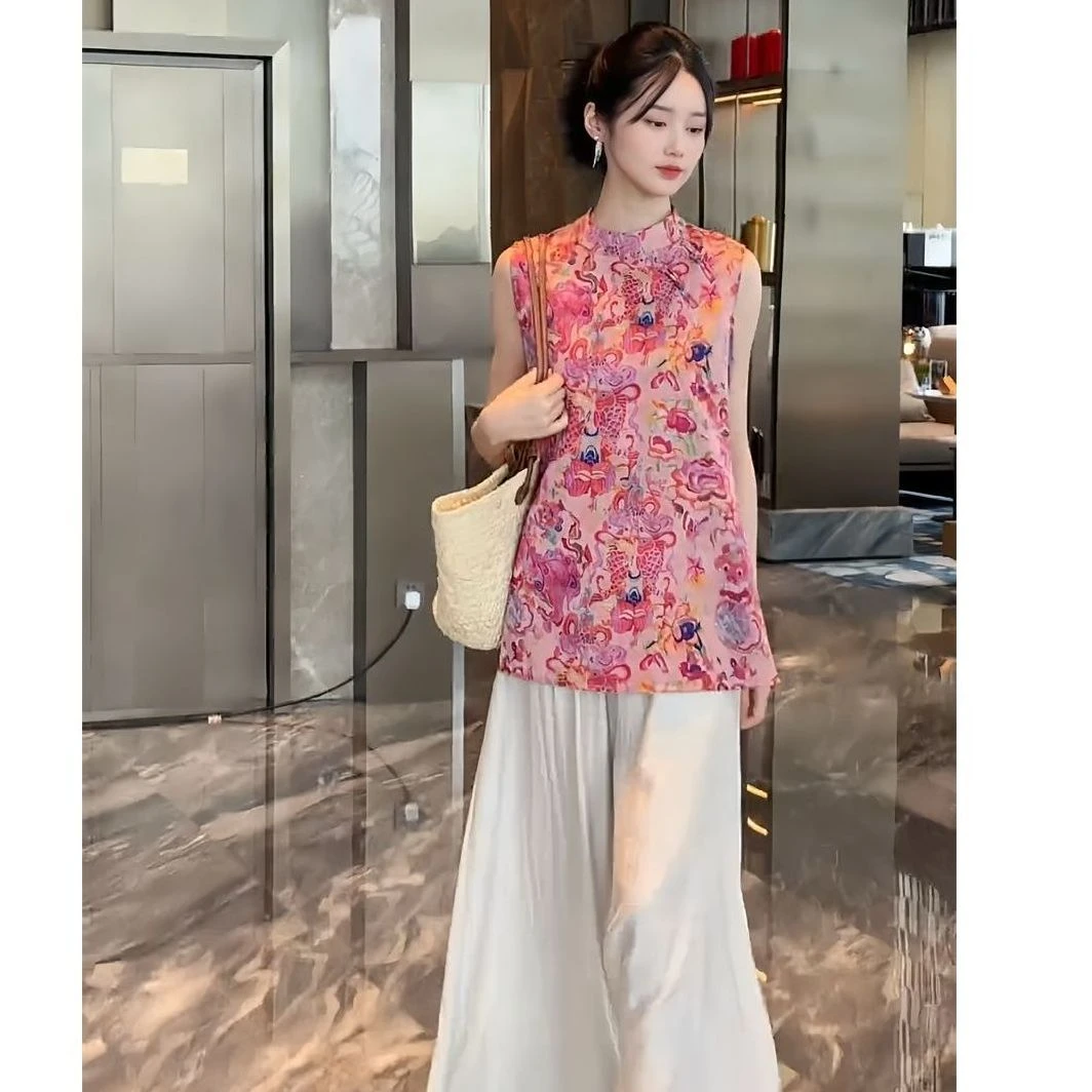 提花无袖中长款上衣+阔腿裤2025新中式夏季清凉感两件套