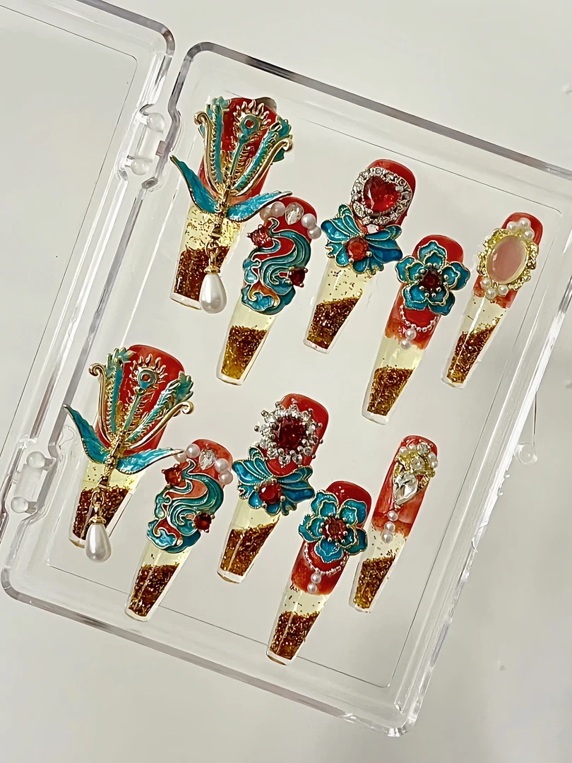 锆石掐丝秀禾 皇后凤冠霞帔 国风新娘婚甲十指纯手工流麻流沙空间