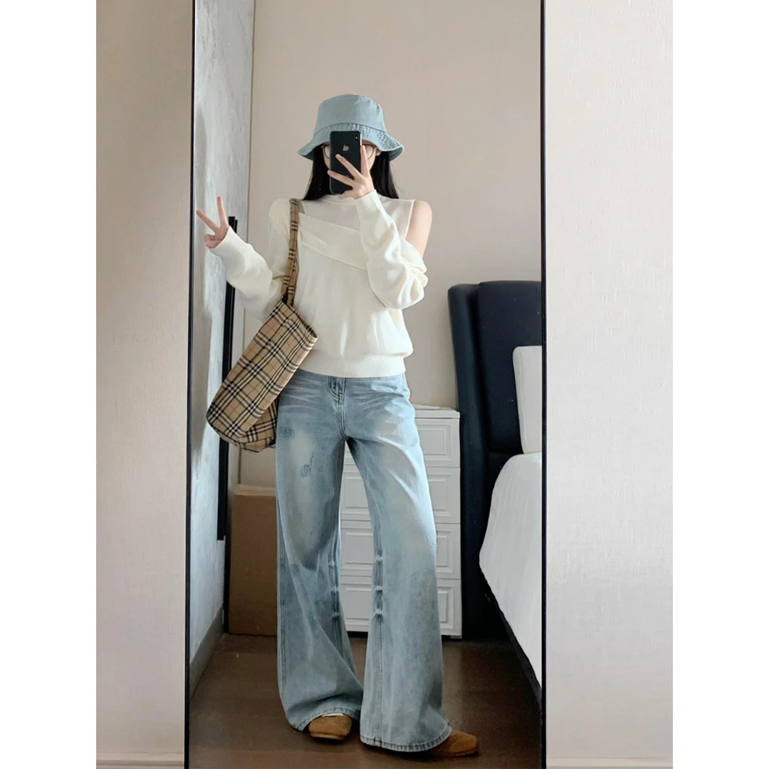 温柔风露肩针织衫阔腿牛仔裤套装女春季毛衣裤子气质高级感两件套