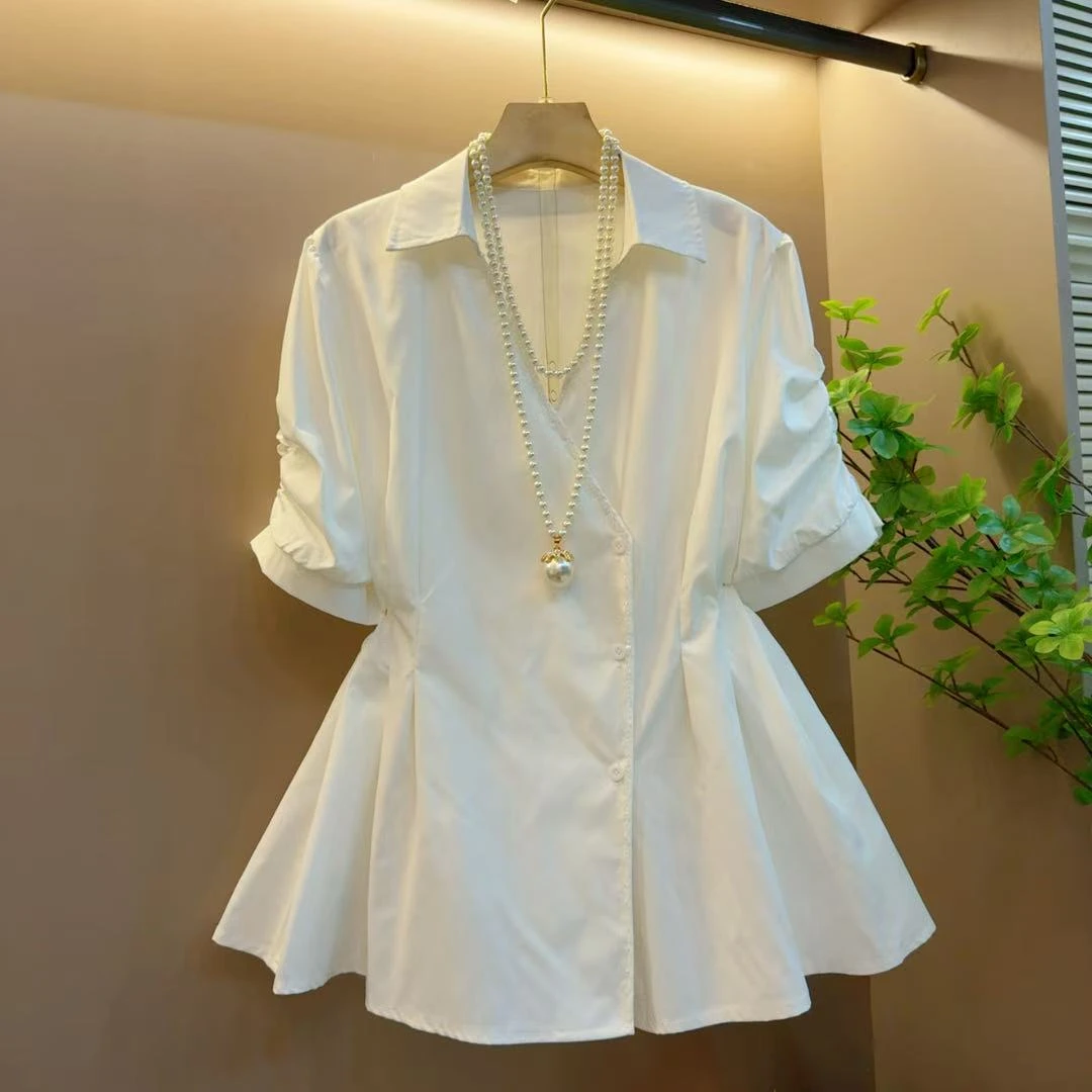 2025时尚抽腰褶皱立领百搭洋气夏季遮肉显瘦短袖T恤上衣