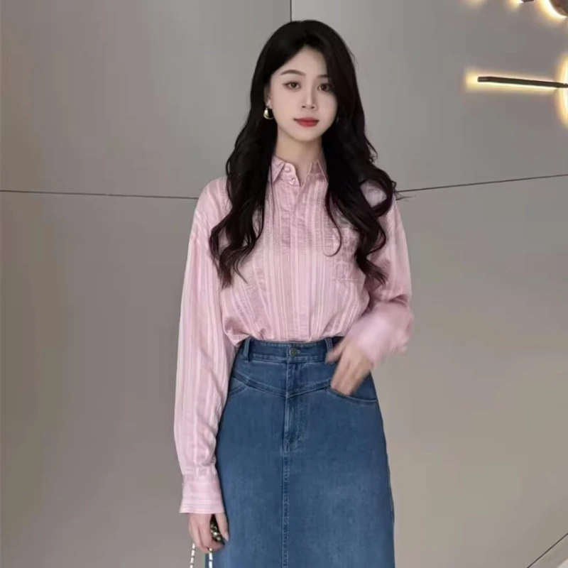 【商场同款】秋季新款显瘦格纹翻领长袖衬衫时尚宽松上衣女1300989