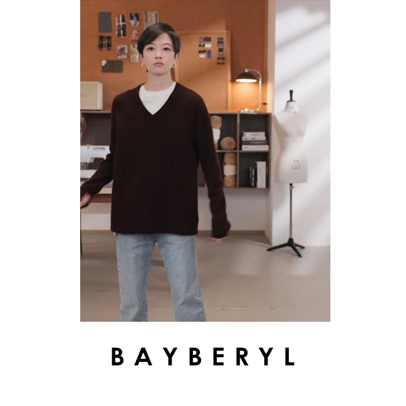 CC12-BAYBERYL老贝轻松日*卷边V领气质百搭羊绒针织衫ZZS5J1003