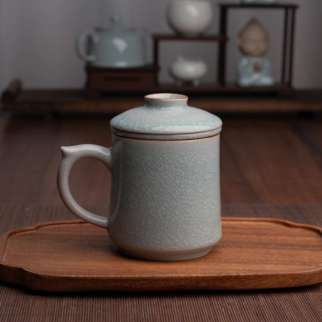 冰花釉办公杯400ml 汝窑陶瓷茶杯带盖茶水分离泡茶办公马克杯