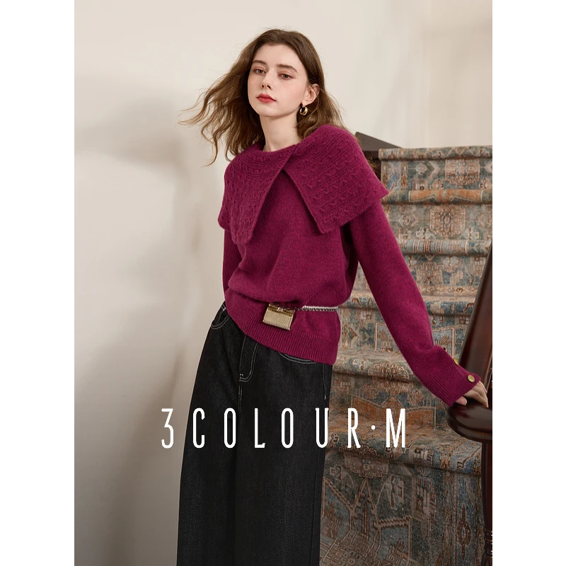 【三彩奶油针织衫】2025春季新款不规则翻领宽松套头毛衣玫红色M