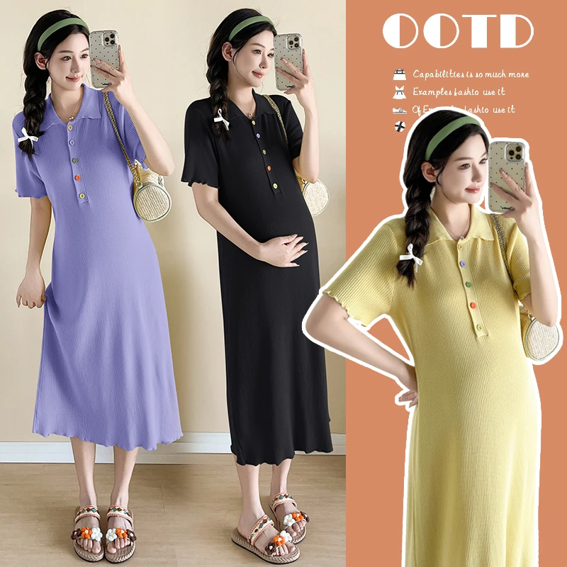 夏孕妇气质通勤辣妈针织波浪边短袖连衣裙宽松弹力产后哺乳中长裙