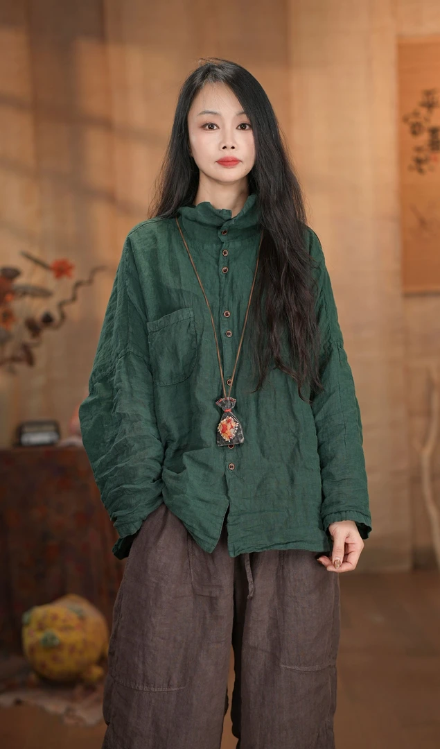 【双层上衣】翻领多扣开衫亚麻长袖衬衫-5352