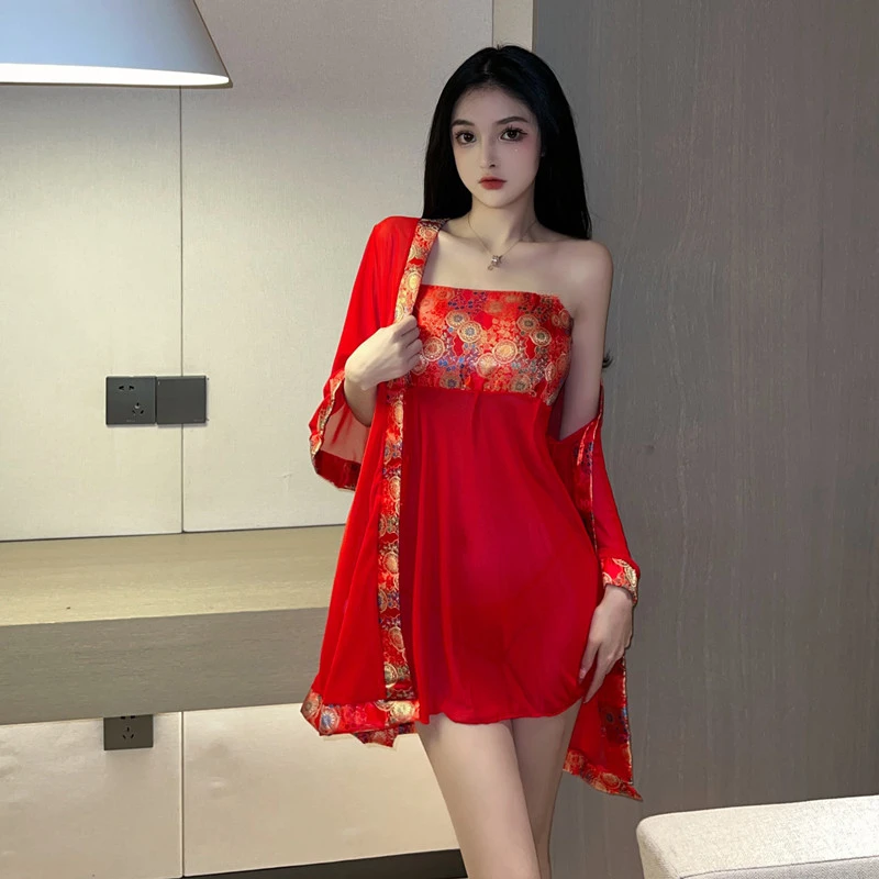 性感成人修身显瘦印花红色无袖吊带睡裙女士睡袍家居睡裙薄款