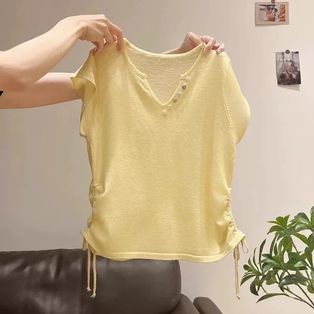 竹节麻V领减龄复古短袖t恤女夏季新款薄款抽绳褶皱收腰显瘦上衣