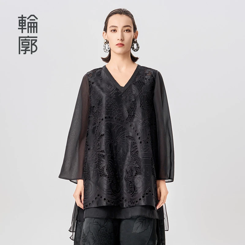 轮廓罗马假日中式网纱衬衫刺绣黑色宽松镂空上衣长袖秋款L241Y039