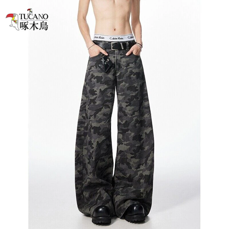 啄木鸟弯刀裤男夏季速干薄款美式潮牌高街微喇迷彩工装裤直筒阔腿
