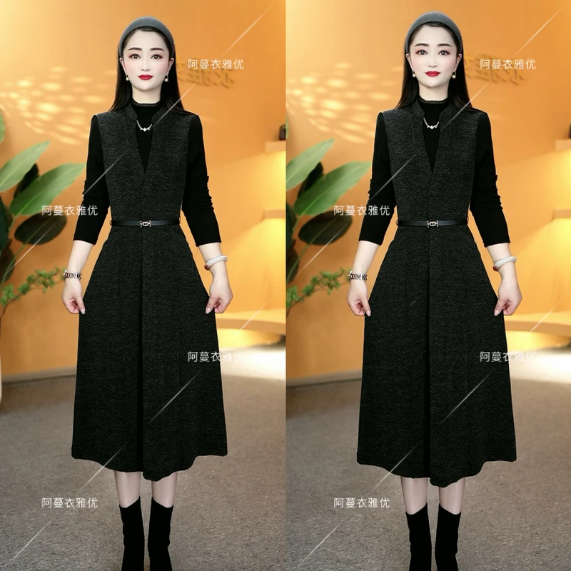 【衣雅严选】8121-1390新款气质显瘦显高高定软磨毛假两件连衣裙