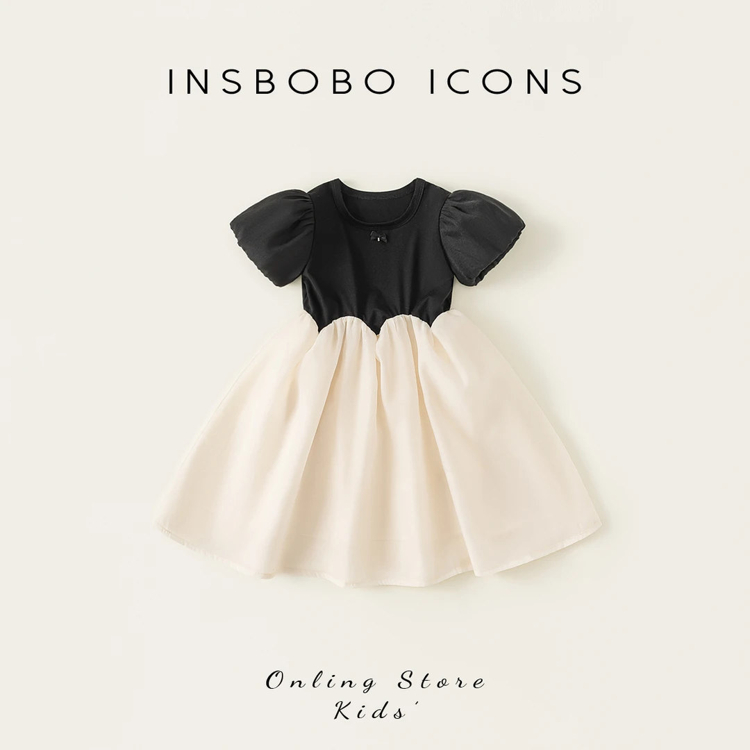INSbobo夏款儿童女宝洋气泡泡袖公主蝴蝶结网纱拼接连衣裙XQ65084