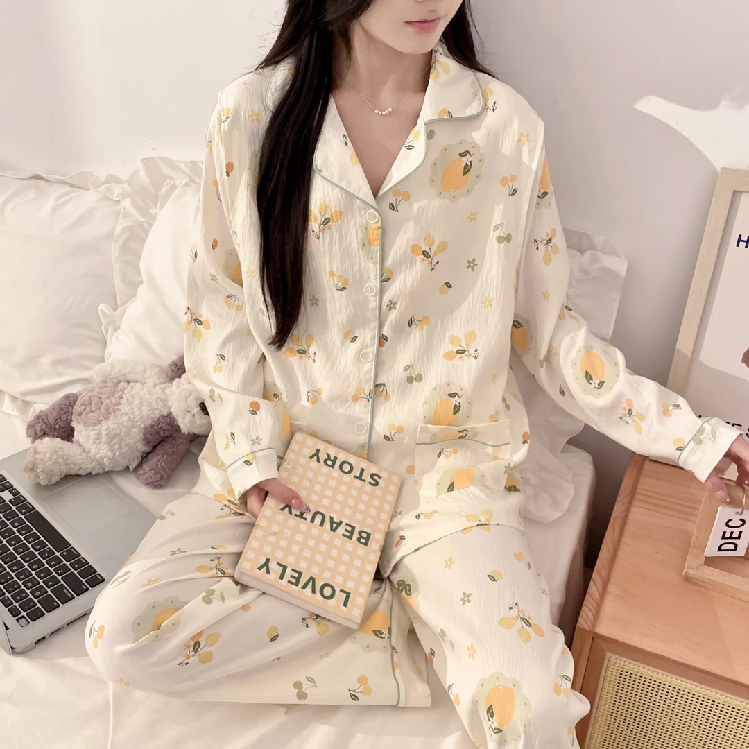 夏季皱皱棉纱带胸垫月子服孕妇产后透气哺乳长袖睡衣
