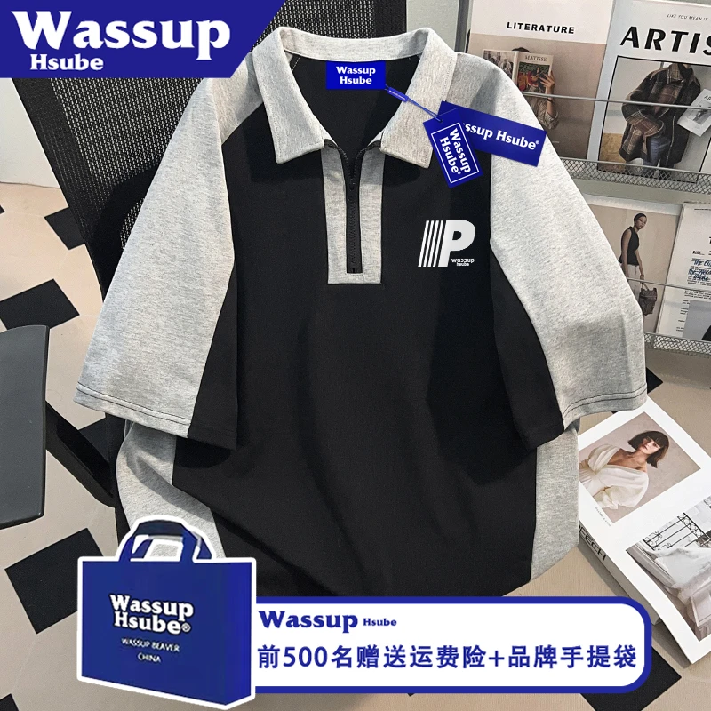 WASSUP HSUBE美式简约字母印花ins夏季国潮T恤男女POLO衫纯棉短袖