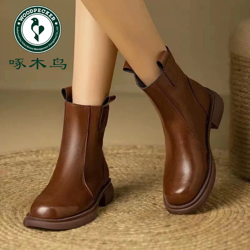 【啄木鸟品牌】品牌力荐复古加绒真软皮百搭英伦风秋冬休闲靴1937