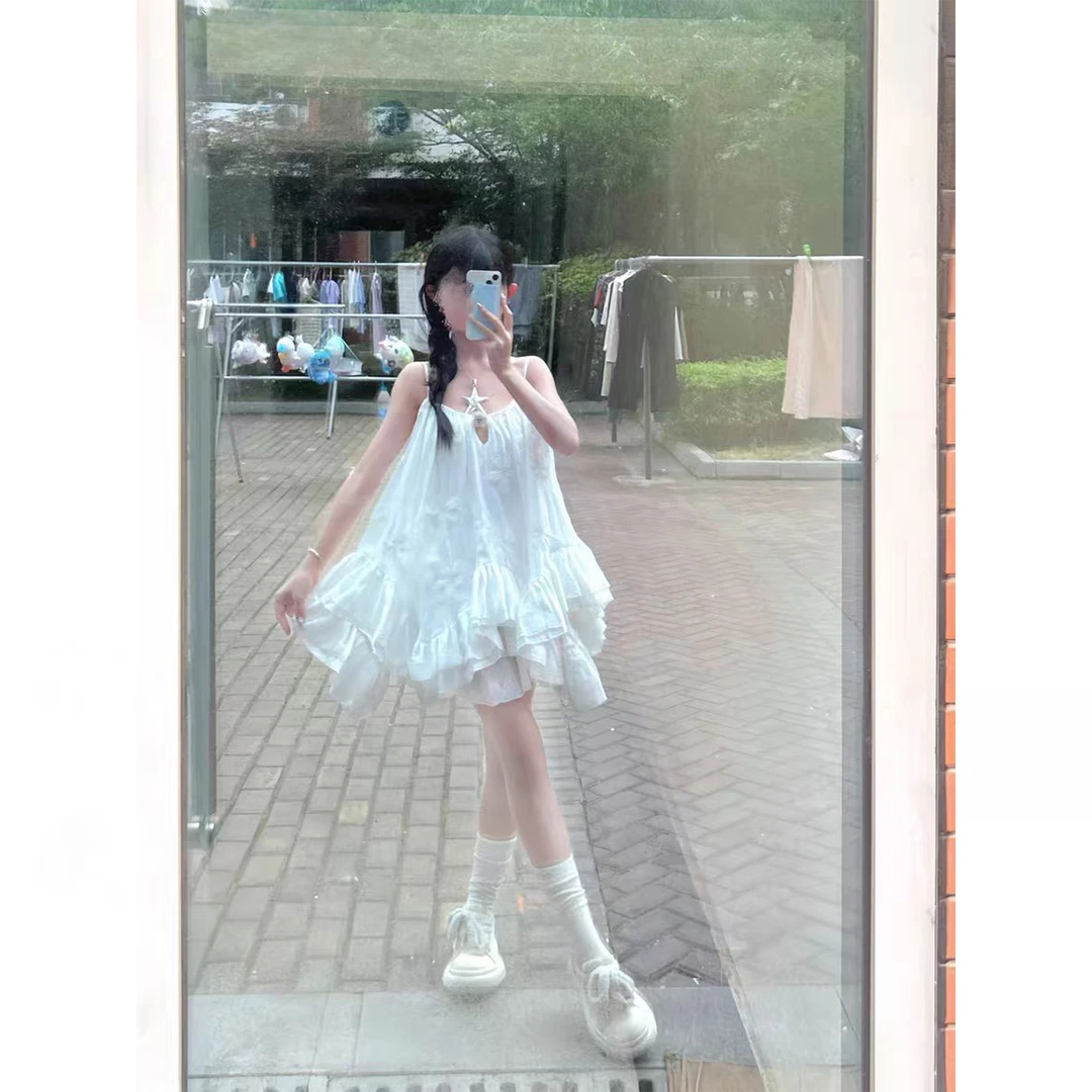 仙气飘飘白色荷叶边仙女连衣裙夏季海边度假吊带蓬蓬裙两件套装