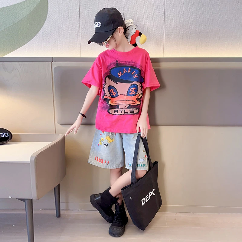 女童套装夏洋气时尚上衣6-12岁中大童T恤牛仔短裤儿童夏季两件套