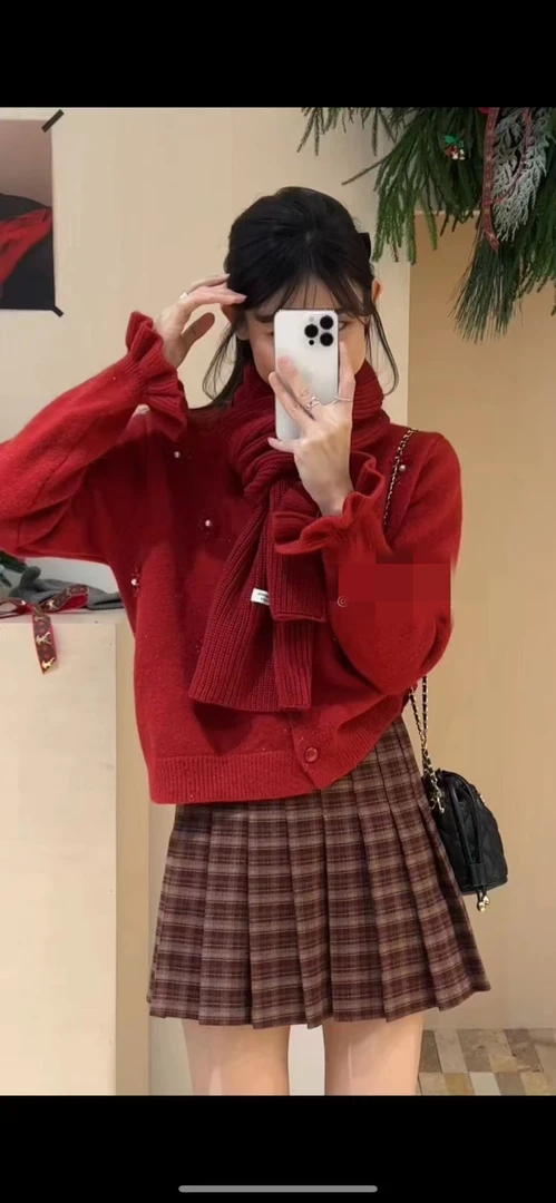 女冬季毛针织衫圆领宽松学院风红色甜美上衣秋冬