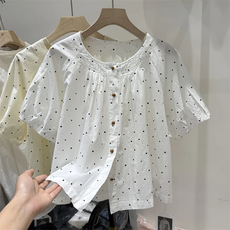 2025年夏季新款韩版时尚圆领波点短袖衬衫女宽松显瘦洋气小衫上衣