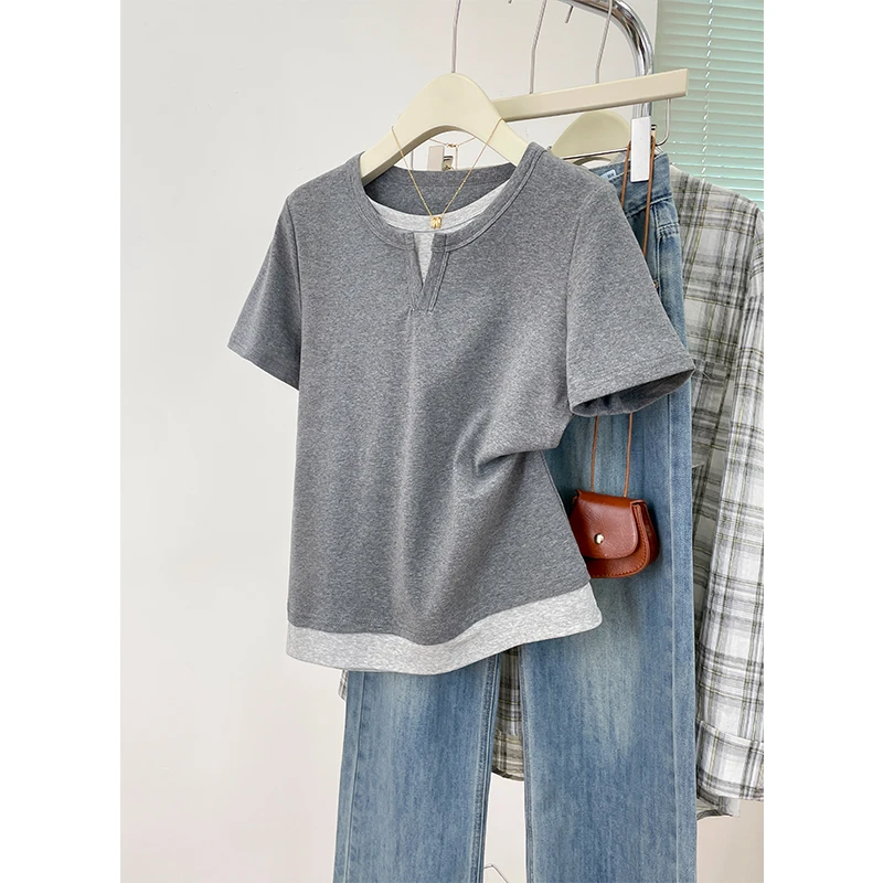 韩系洋气时髦假两件短袖T恤衫夏季宽松显瘦遮肚子女装上衣服ins潮