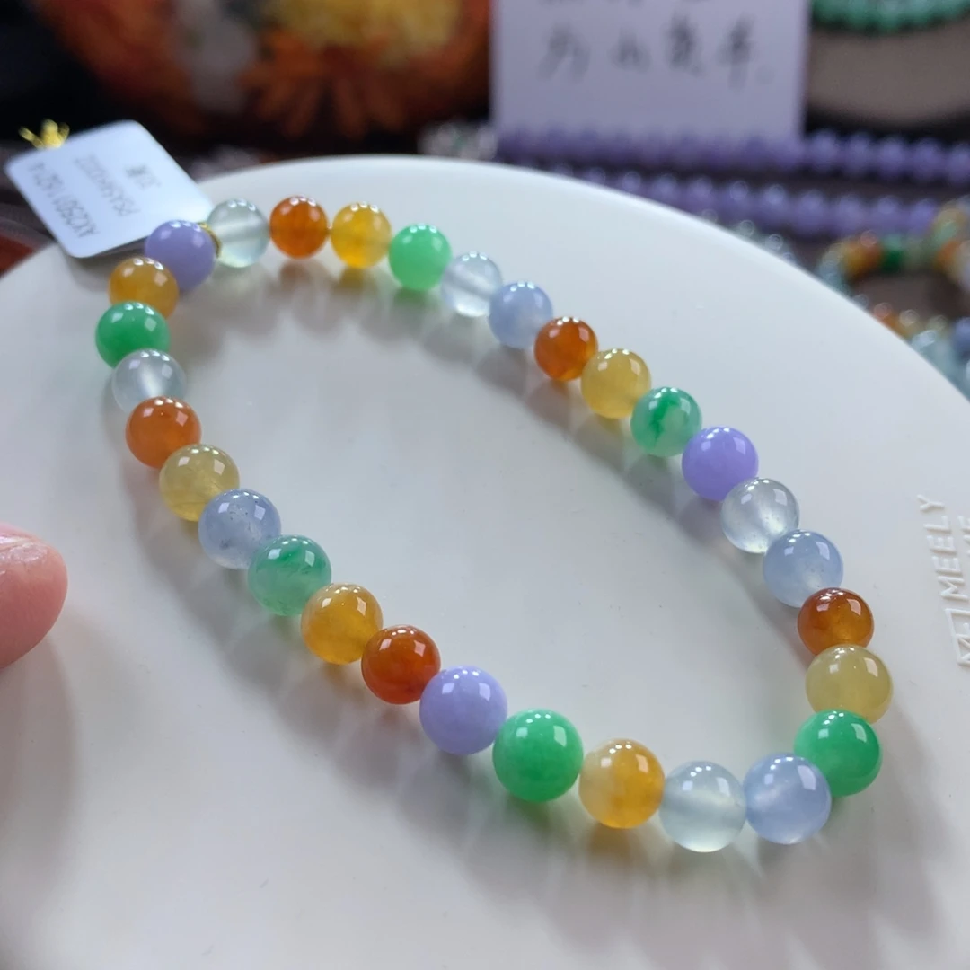 翡翠手链未镶嵌浓彩艳色彩虹多宝糖果手串