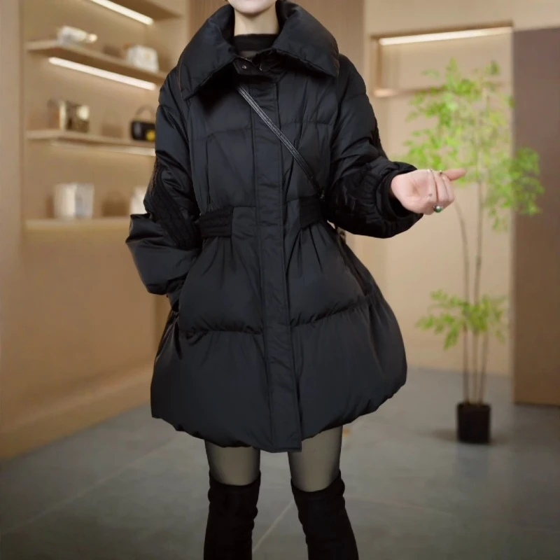 2025秋冬新款时尚百搭翻领棉衣收腰显瘦中长款韩版小个子棉服外套