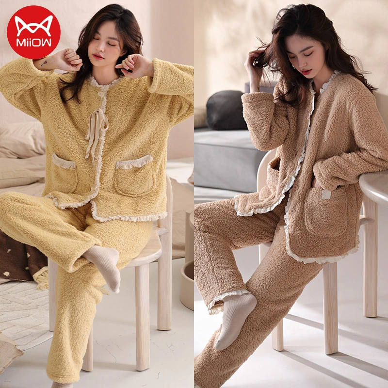MiiOW/猫人法兰绒睡衣女款冬天冬季加厚珊瑚绒保暖套装加绒家居服