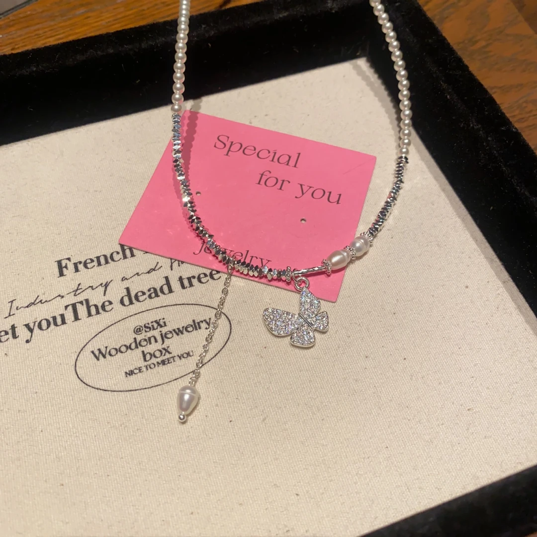 铜合金项链 轻奢满锆蝴蝶碎银珍珠项链女冷淡风个性颈链锁骨链