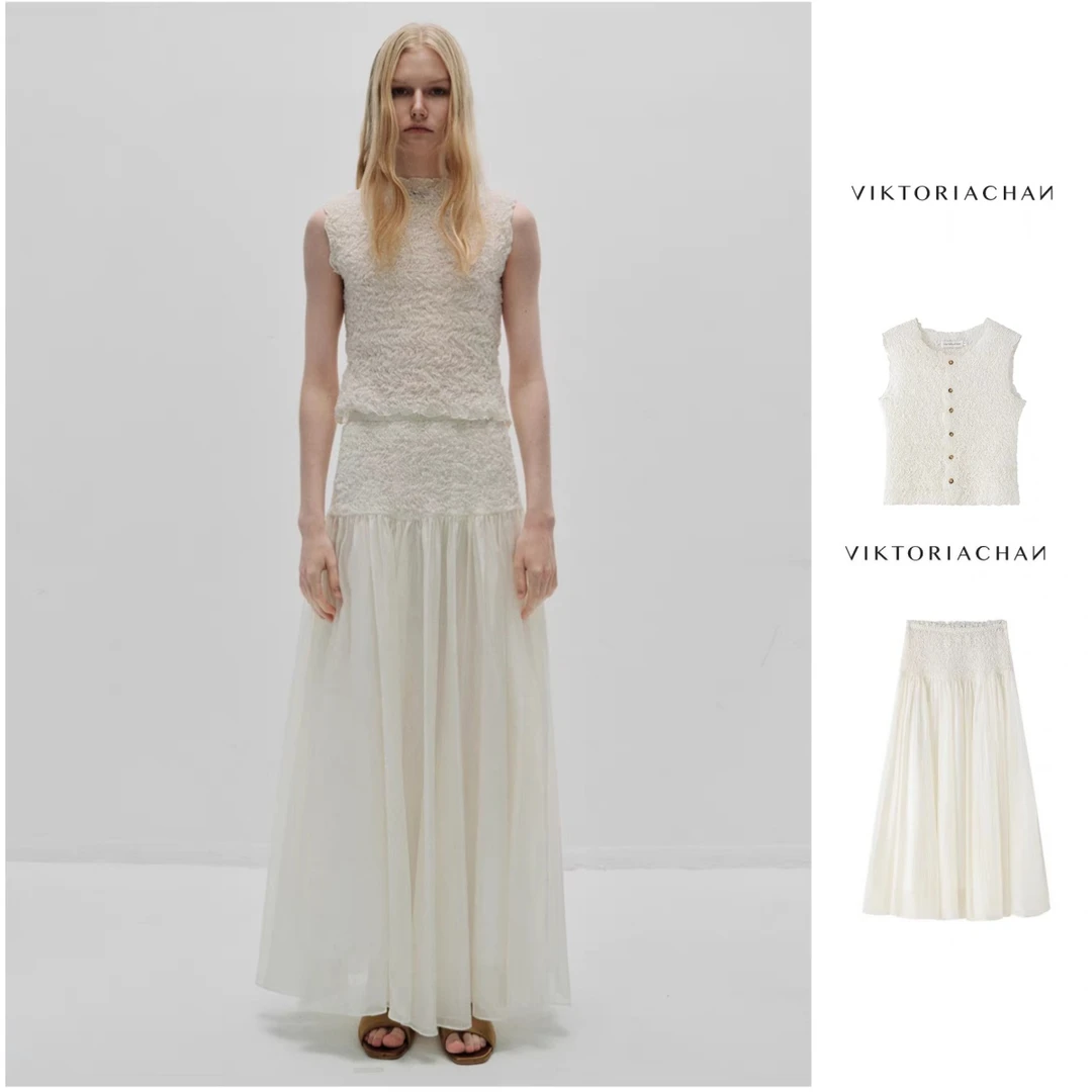VIKTORIACHAN  25PF早秋新品 松紧腰褶皱飘逸半身裙/马甲