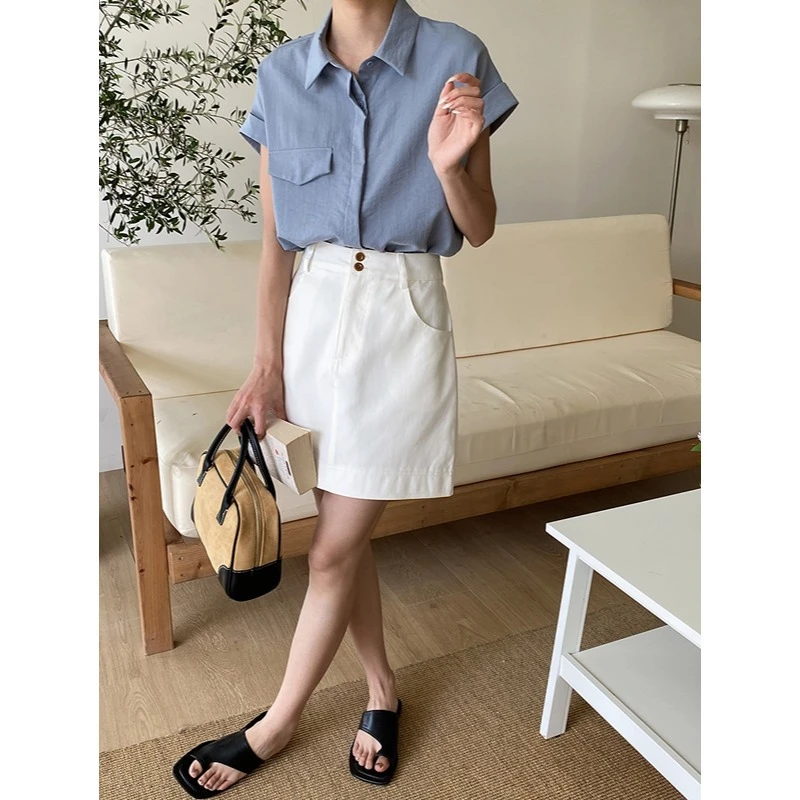 3th Morning 亚麻上衣肌理 时髦翻盖假袋POLO宽松短袖衬衫ZY1881