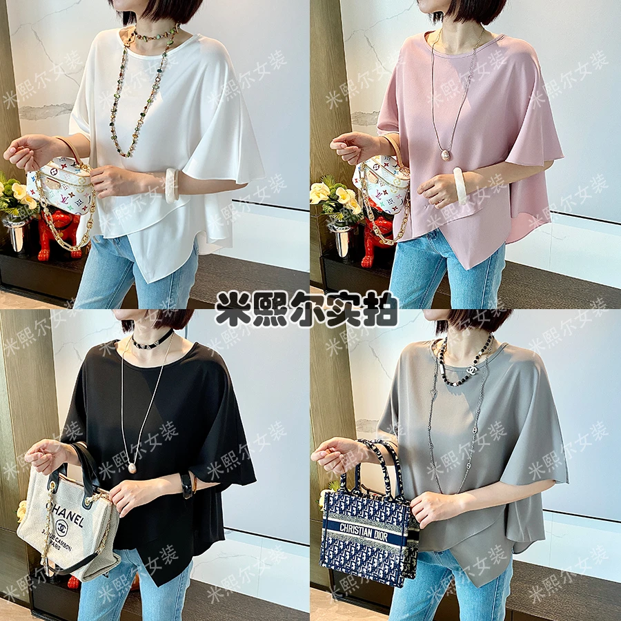 夏上新 设计师不规则T恤 雪纺拼接宽松短袖圆领上衣 2025年女装