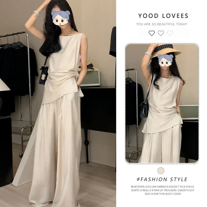 韩版气质冷淡系两件套女2025夏季新款无袖上衣阔腿长裤时尚套装