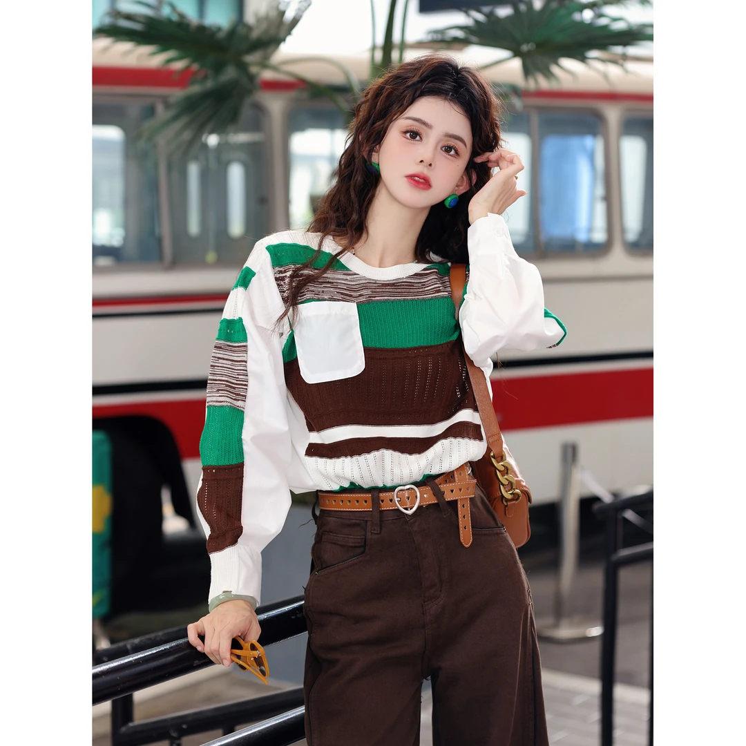 陈大器【绿棕林影】港风复古拼接毛针织衫女显瘦百搭上衣JO1218217