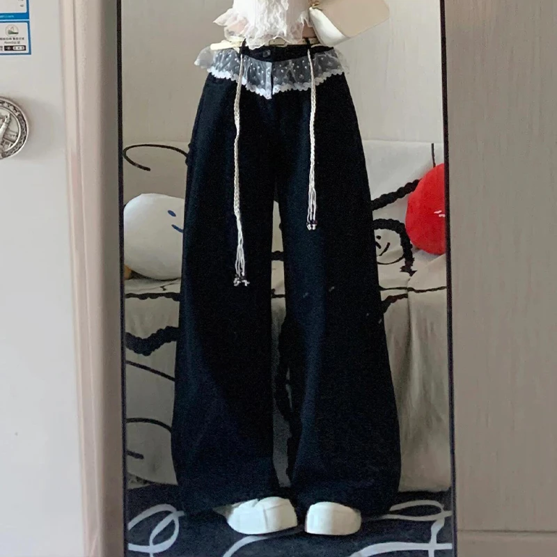 chao级推荐！蕾丝边系带黑色阔腿裤女春夏设计感高腰宽松廓形长裤