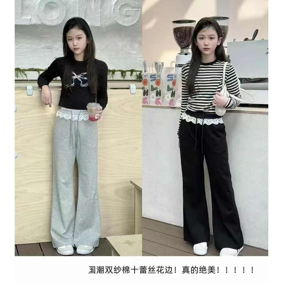 Q0751蕾丝喇叭花边垂感超好休闲卫裤