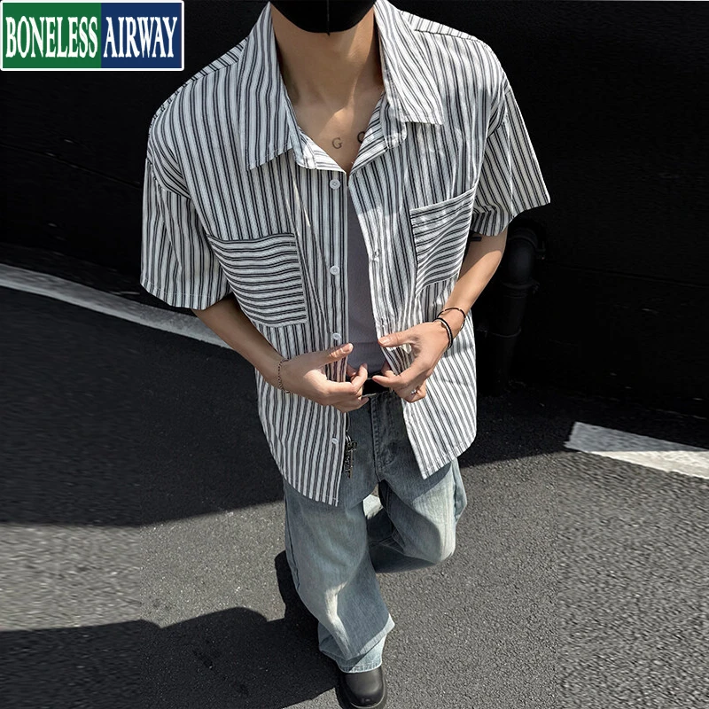 BONELESS AIRWAY条纹短袖衬衫男士休闲夏季薄款宽松痞帅衬衣外套