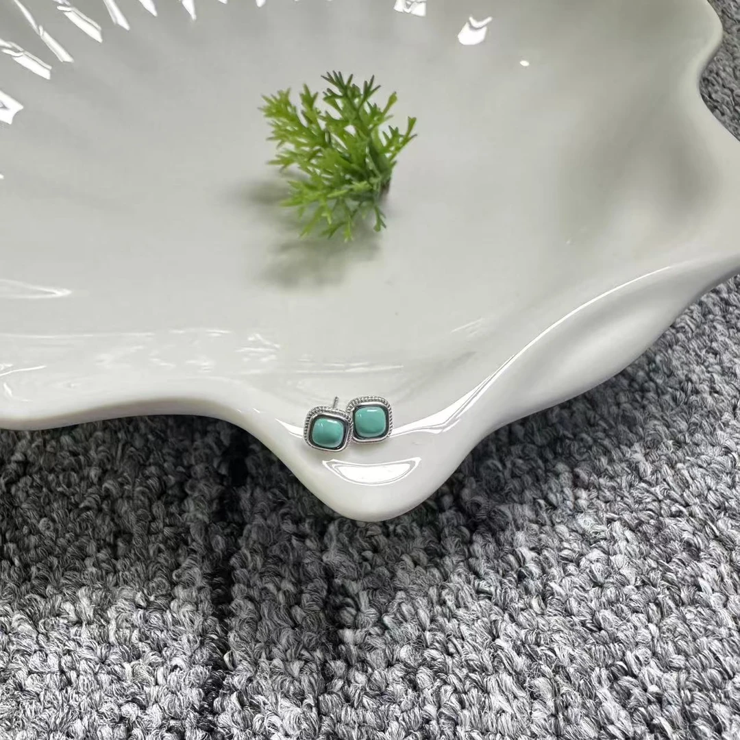 绿松石方型耳钉S925镶嵌4mm