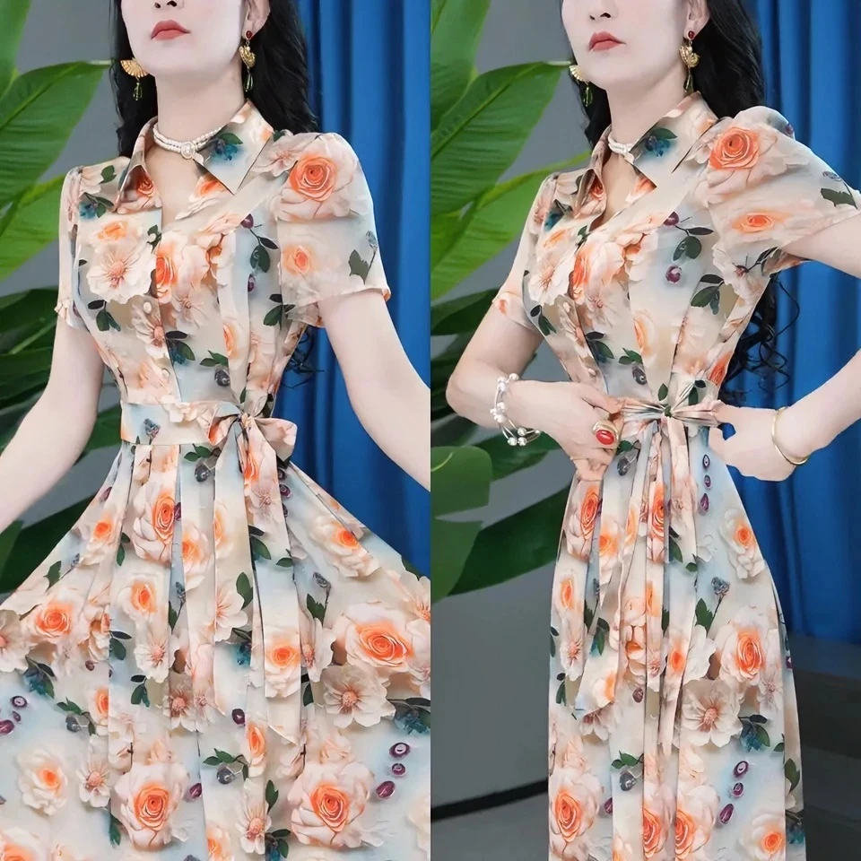 时尚短袖连衣裙女2025年夏季新款气质显瘦减龄中长款印花休闲裙子